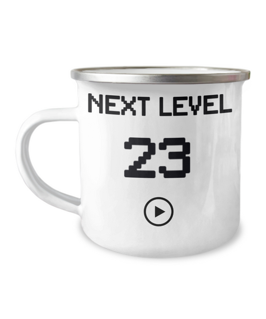 23rd Birthday Special Gift Coffee Mug, Next Level 23, Gamer Coffee Mug, Birthday Mug- 12 Oz Stainless Steel Enamel Finish White Camper Coffee Mug