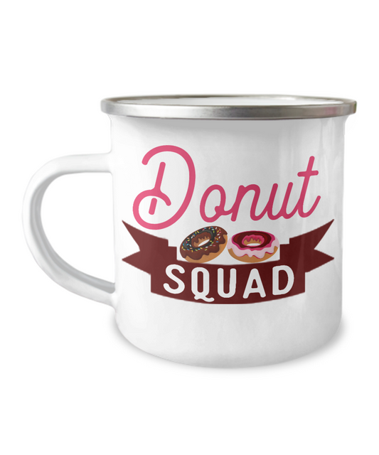 Donut Lover Gift Coffee Mug, Donut Squad- 12 Oz Stainless Steel Enamel Finish White Camper Coffee Mug