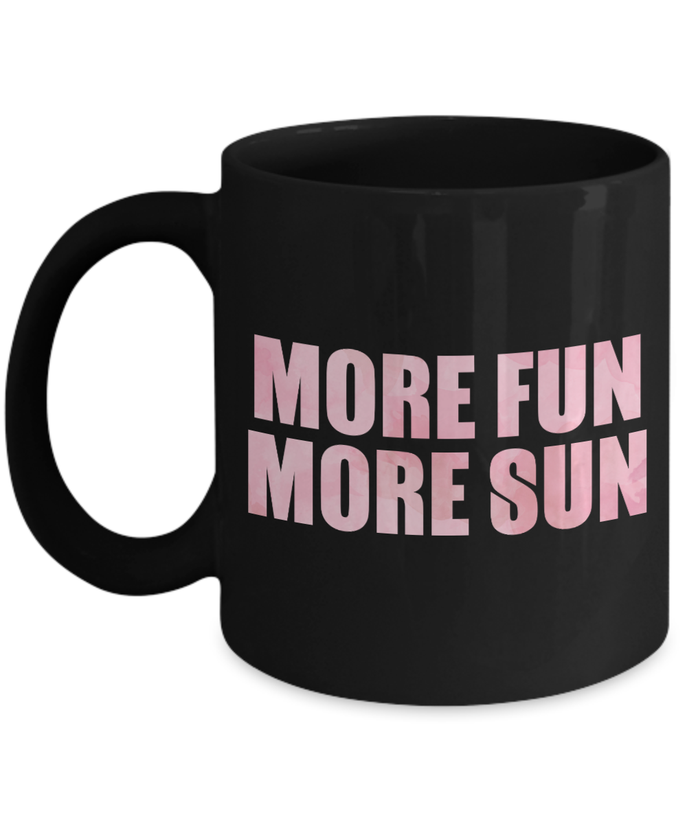 Beach Lover Coffee Mug, More Fun More Sun-Black Porcelain Coffee Mug 11 oz for camper,beach, outdoor, surfing, camping, cup