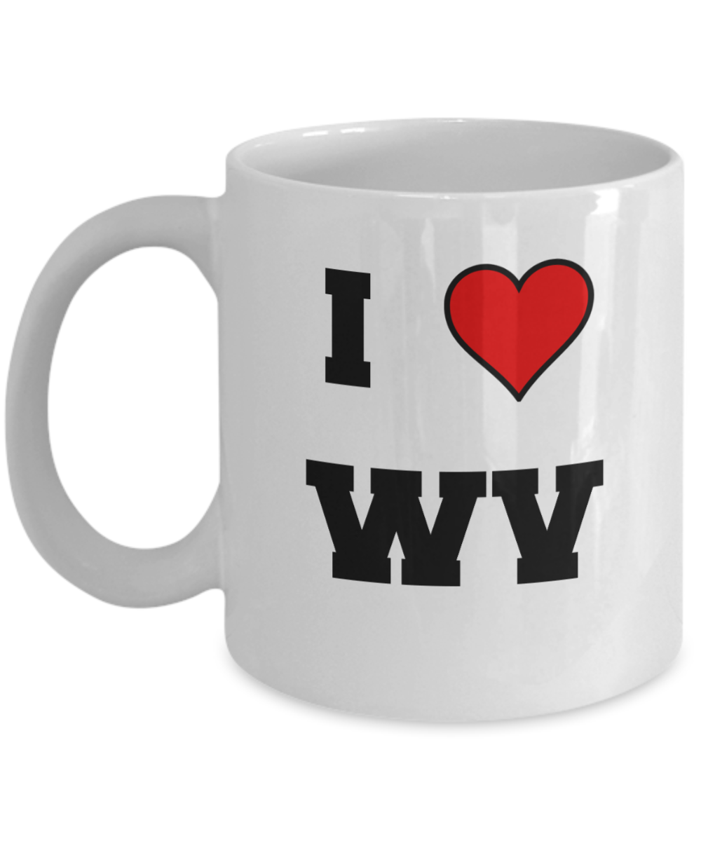 West Virginia Mug, I Love West Virginia WV Abbreviation USA States Ceramic Coffee Mug Tea Cup Gifts Mugs 11 oz Funny Mugs