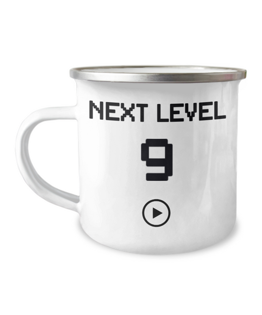 9th Birthday Gift Coffee Mug For Kids, Next Level 9, Gamer Coffee Mug, Birthday Mug- 12 Oz Stainless Steel Enamel Finish White Camper Coffee Mug