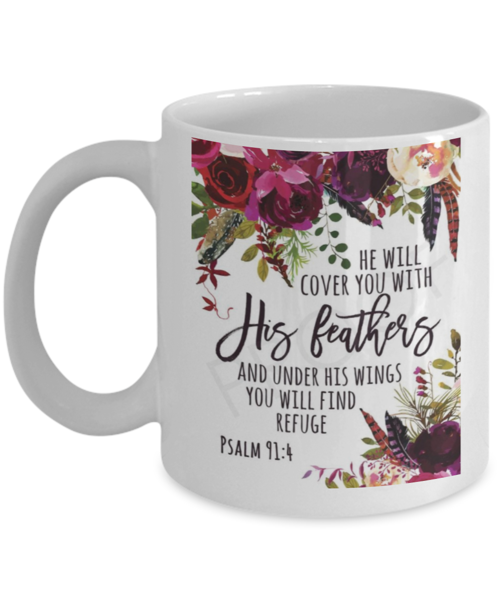 Religious coffee mugs , He will cover you with his feathers - White Coffee Mug Tea Cup 11 oz Gift