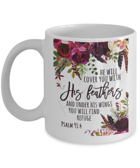 Religious coffee mugs , He will cover you with his feathers - White Coffee Mug Tea Cup 11 oz Gift
