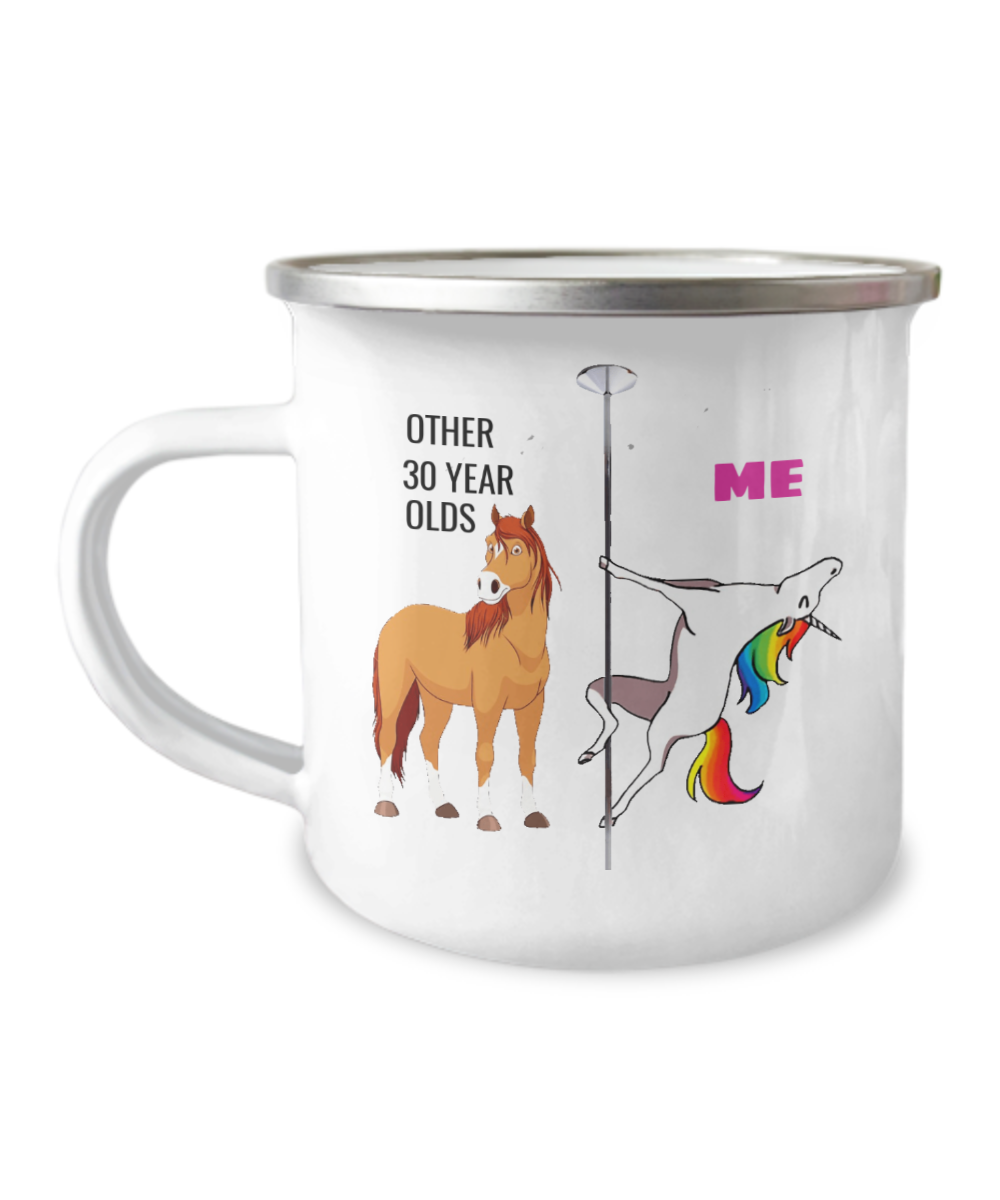 30th Birthday Unicorn Camper Coffee Mug - Other 30 Year Olds Me Unicorn Coffee Mug -12 Oz Stainless Steel Enamel Finish White Camper Coffee Mug