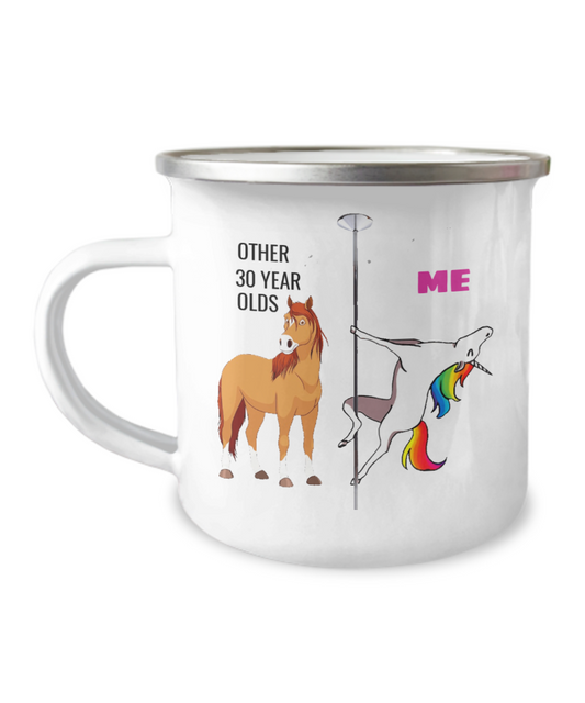30th Birthday Unicorn Camper Coffee Mug - Other 30 Year Olds Me Unicorn Coffee Mug -12 Oz Stainless Steel Enamel Finish White Camper Coffee Mug