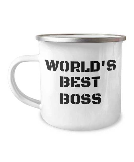 Boss Coffee Mug, Office Coffee Mug , Worlds Best Boss -12 Oz Stainless Steel Enamel Finish White Camper Coffee Mug