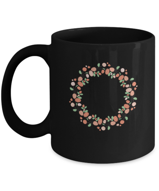 Wreath Summer Roses Smooth Black Mugs - Funny Black coffee mugs 11 oz