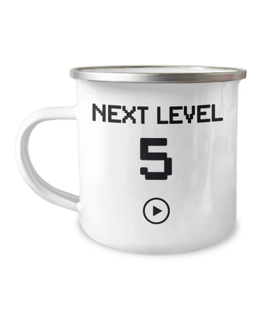 5th Birthday Gift Coffee Mug For Kids, Next Level 5, Gamer Coffee Mug, Birthday Mug- 12 Oz Stainless Steel Enamel Finish White Camper Coffee Mug