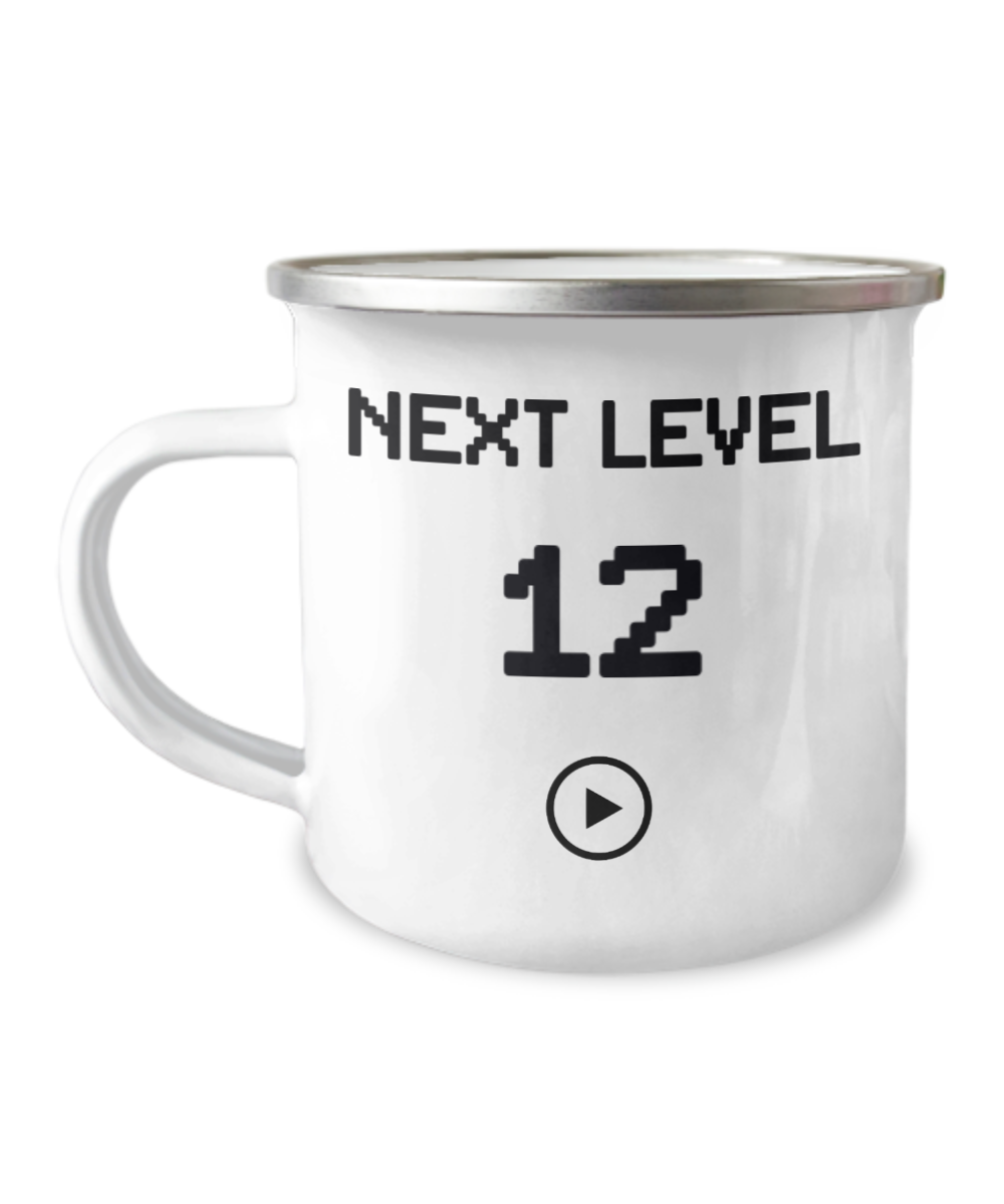 12th Birthday Gift Coffee Mug For Kids, Next Level 12, Gamer Coffee Mug, Birthday Mug- 12 Oz Stainless Steel Enamel Finish White Camper Coffee Mug