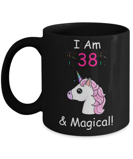 38th Birthday Gift for Women - I Am 38 & Magical Unicorn Mug - Funny Black Porcelain Coffee 11 oz for Grandma, Mom, Sister, Best Friend, Women, Her -Queens are Born In 1982
