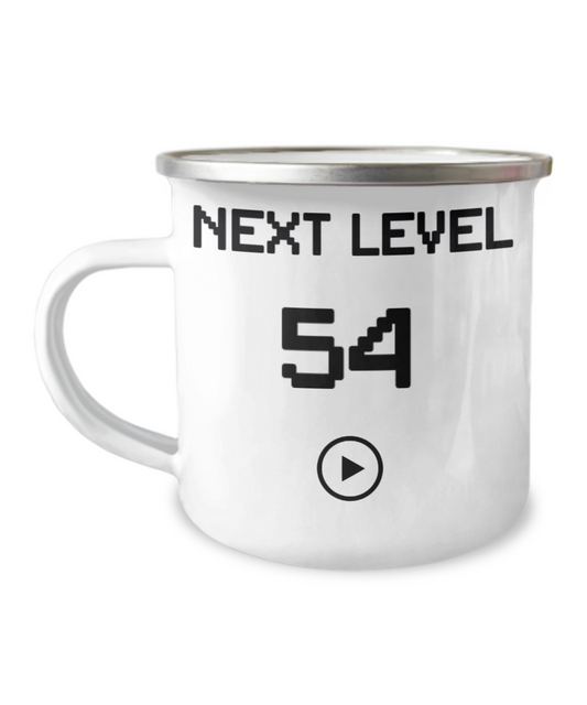 54th Birthday Coffee Mug, Next Level 54, Gamer Coffee Mug, Birthday Mug- 12 Oz Stainless Steel Enamel Finish White Camper Coffee Mug