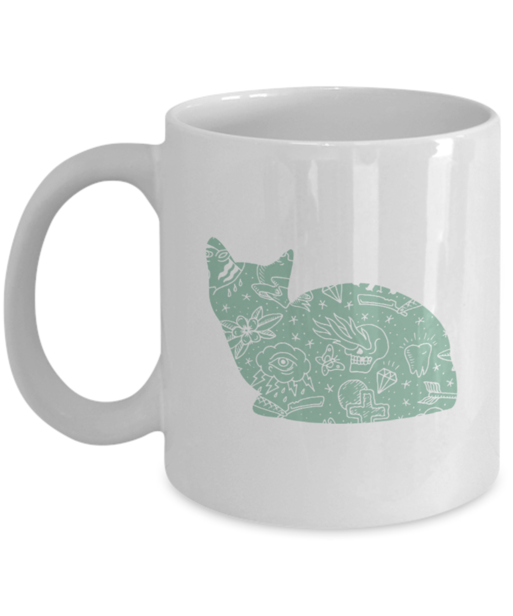 Cat Lovers Gifts , Cats & Tats - White Coffee Mug Porcelain Tea Cup 11 oz - Great Gift