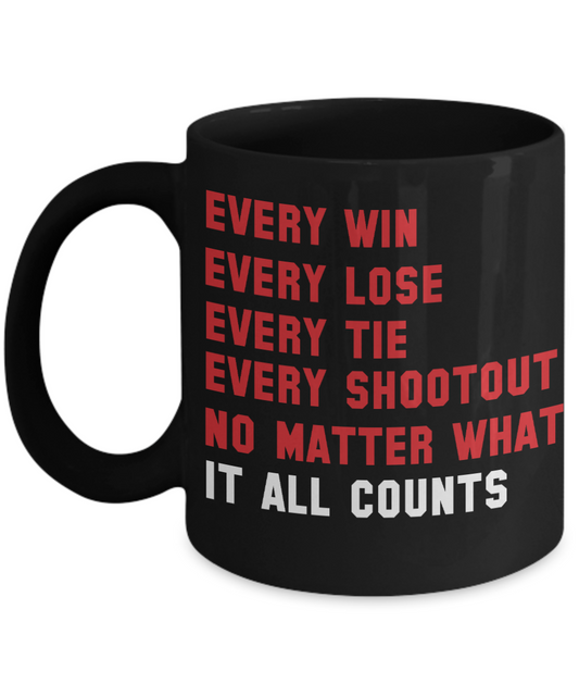Football Lover Coffee Mug, Every Win Every Lose Every Tie No Matter What It All Counts - Black Porcelain Coffee Mug 11 Oz Funny Quotes Coffee Mug