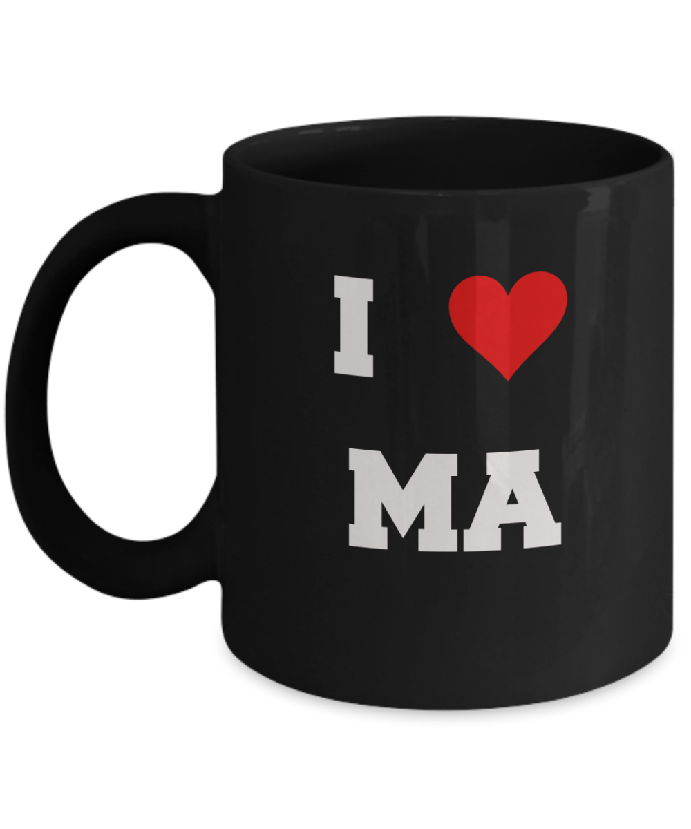 Massachusetts Mug, I Love Massachusetts MA Abbreviation USA States Ceramic Black Coffee Mug Tea Cup Gifts Mugs 11 oz Funny Mugs