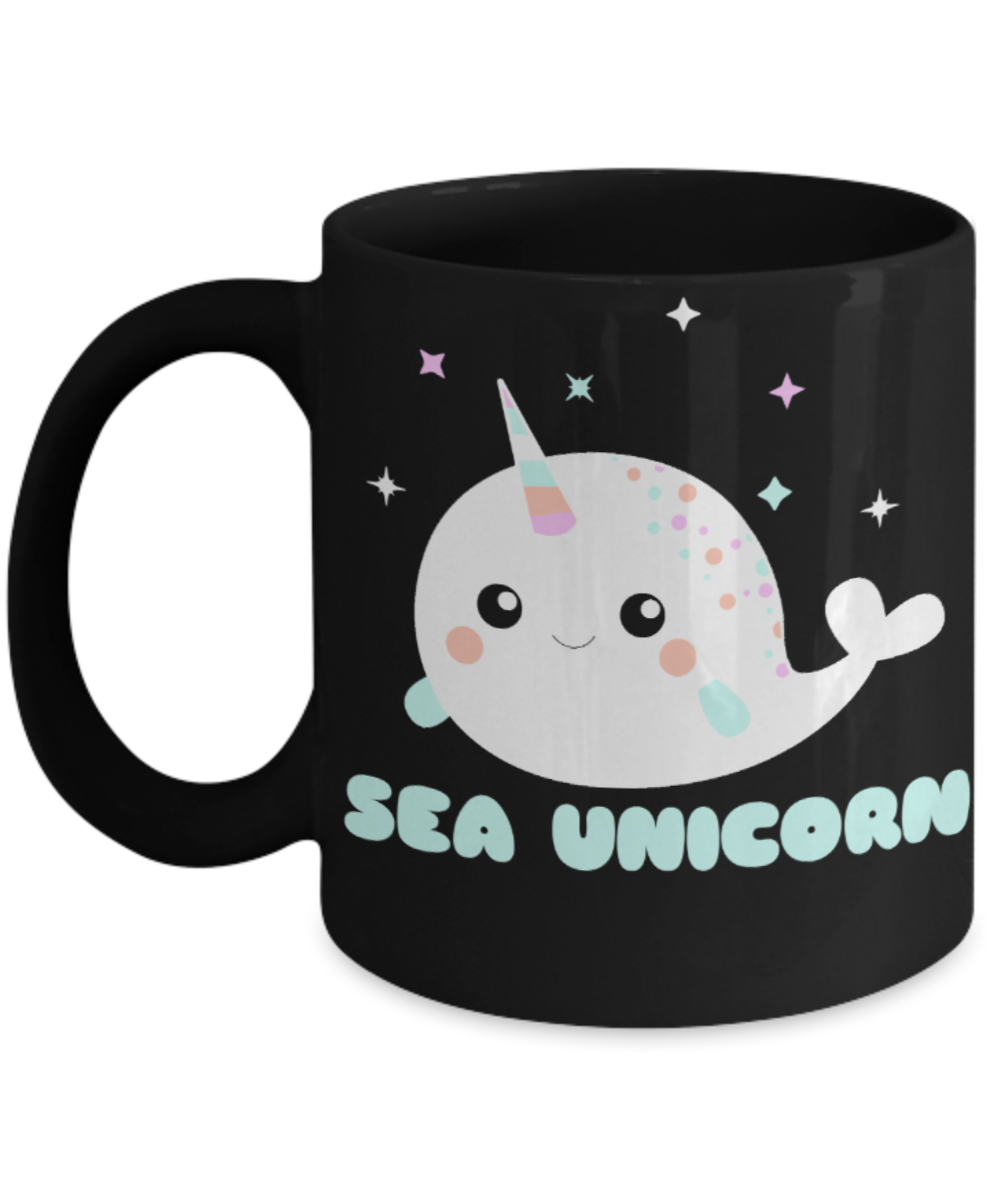 Unicorn Lovers Mugs , Sea Unicorn - Black Coffee Mug Porcelain Tea Cup 11 oz - Great Gift