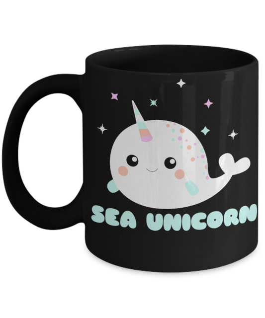 Unicorn Lovers Mugs , Sea Unicorn - Black Coffee Mug Porcelain Tea Cup 11 oz - Great Gift