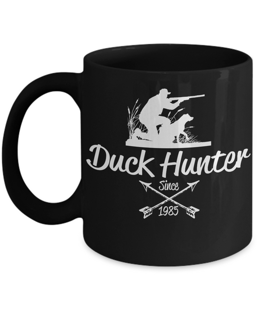 Duck Hunter Personalized  Gift Coffee mug, Duck hunter Since 1985-Black Porcelain Coffee Mug 11 oz