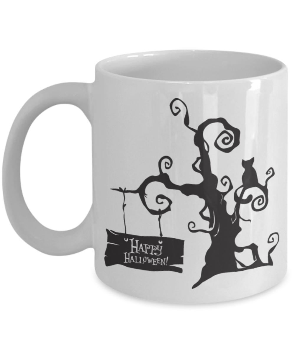 Happy Halloween Tree Mug - White Porcelain Coffee Cup,Premium 11 oz White coffee cup