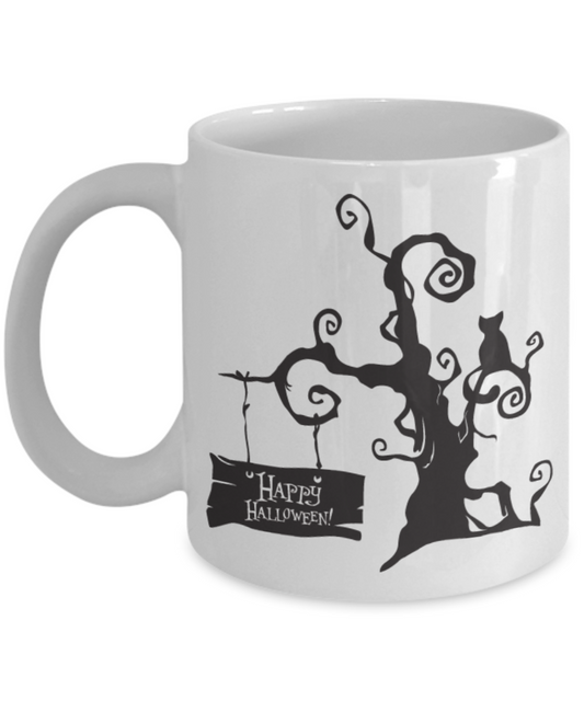 Happy Halloween Tree Mug - White Porcelain Coffee Cup,Premium 11 oz White coffee cup