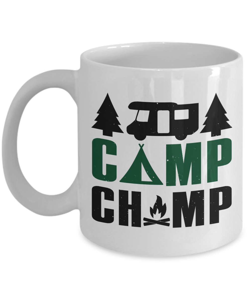 Camping Coffee Mug, Camp Champ -White Porcelain Coffee Mug 11 oz For Camper, Camping, Adventure, Outdoor, Mug