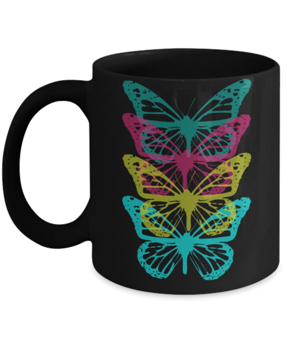 Gift gor Buterfly lovers , Butterfly rainbow - Black Coffee Mug Porcelain Tea Cup 11 oz - Great Gift