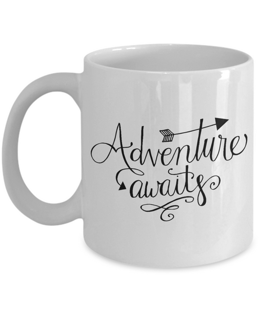 Adventure Awaits Coffee Mug - White Porcelain Coffee Cup,Premium 11 oz White coffee