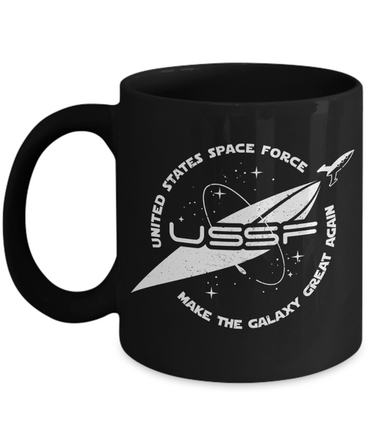 Trump 2020 Flag mugs, United State Space Force Make the Galaxy Great Again - Funny Black Porcelain Coffee 11 oz