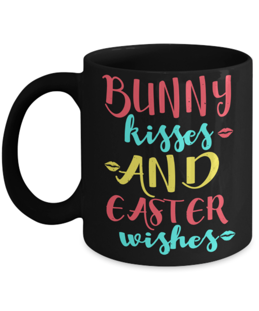 Easter bunny mugs - Bunny kisses & Easter Wishes - Funny Black Porcelain Coffee Mug Cute Ceramic Cup 11 oz
