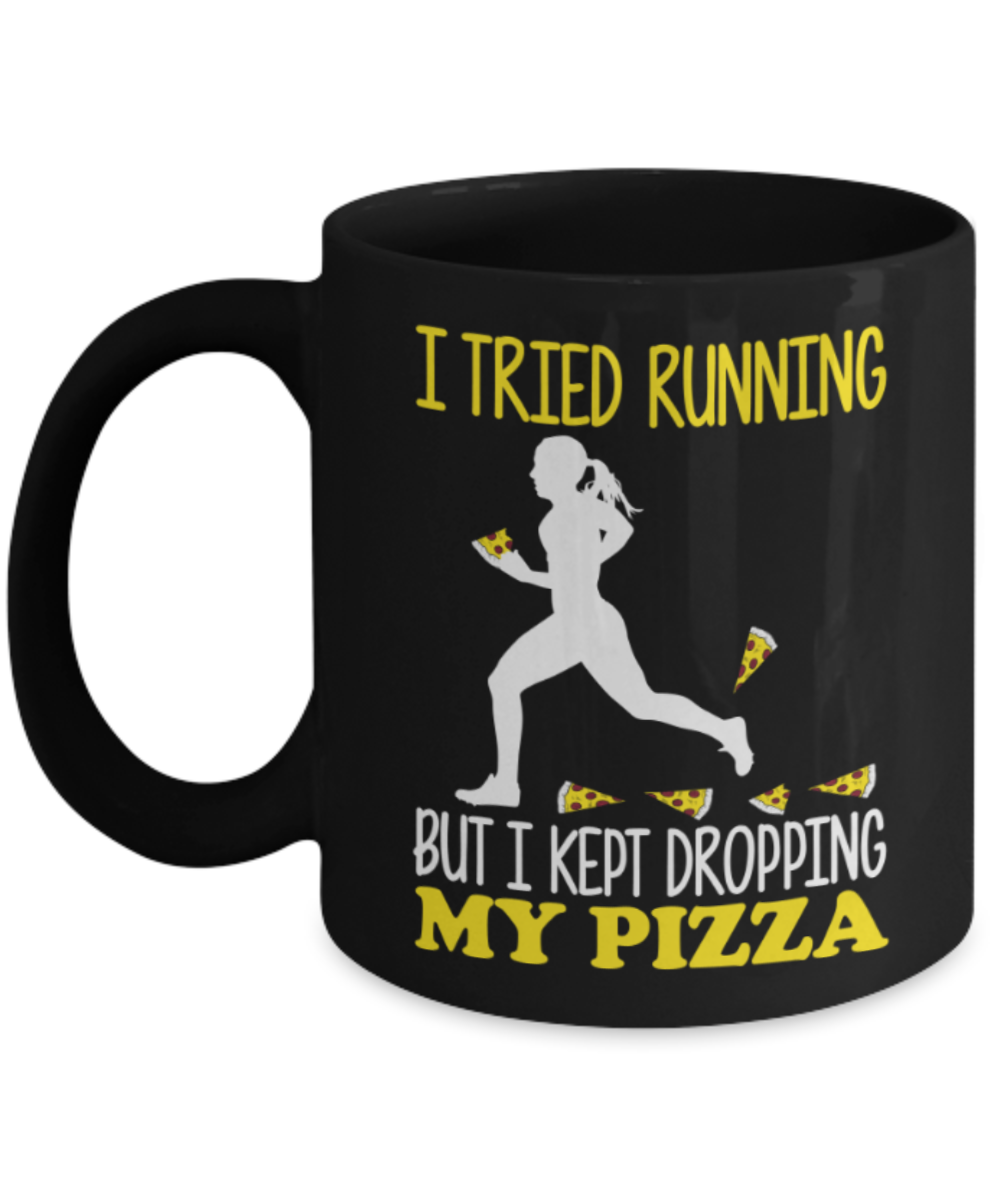 Pizza Lovers Mugs , Dropping My pizza - Black Coffee Mug Porcelain Tea Cup 11 oz - Great Gift