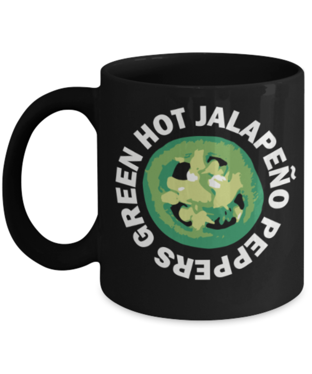 Food Lovers mugs , Green Hot Jalapeno Pepper - Black Coffee Mug Porcelain Tea Cup 11 oz - Great Gift