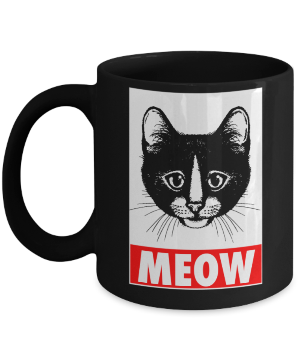 Gift gor dog lovers , Meow - Black Coffee Mug Porcelain Tea Cup 11 oz - Great Gift