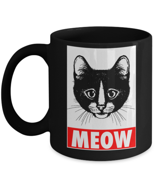 Gift gor dog lovers , Meow - Black Coffee Mug Porcelain Tea Cup 11 oz - Great Gift