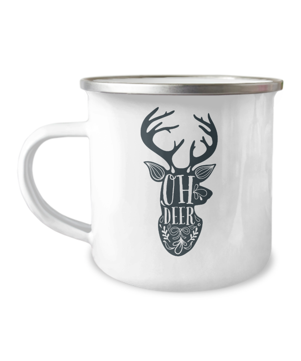 Oh Deer Camper Coffee mugs - Funny Christmas Cups- 12 Oz Stainless Steel Enamel Finish White Camper Coffee Mug