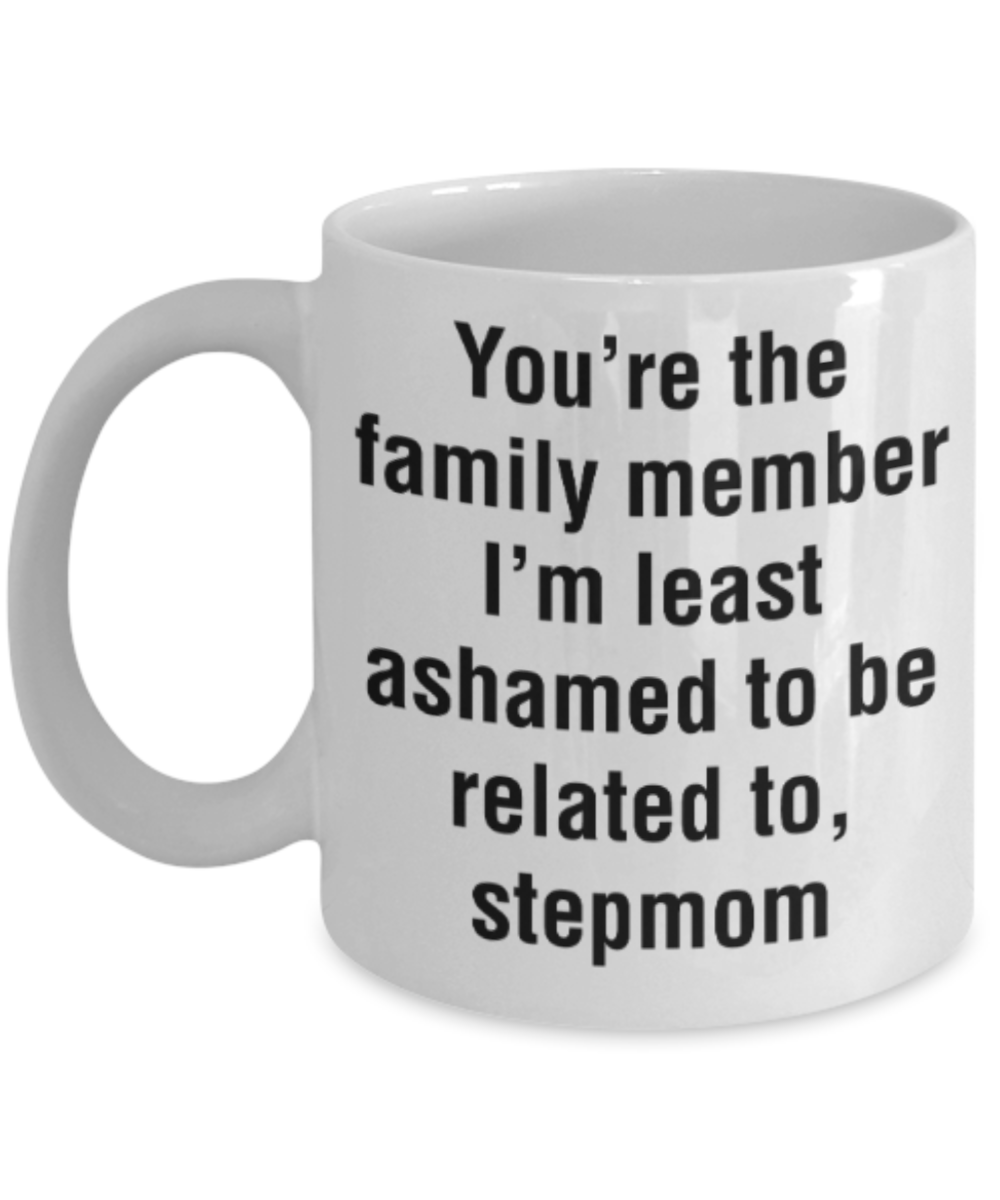 Stepmom gift mugs, You're the family member I'm least ashamed to be related to Stepmom - Funny White Porcelain Coffee Mug Cute Ceramic Cup 11 oz