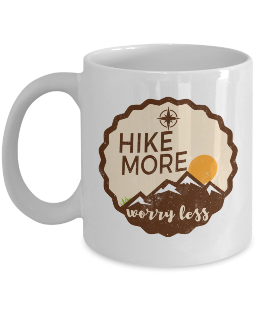 Hiking lovers mugs, Hike more worry less - Funny White Porcelain Coffee 11 oz
