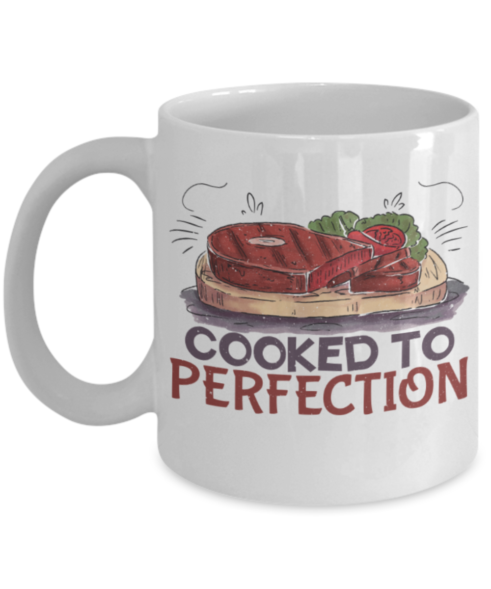 Food Lovers Mugs, Cooked to perfection - Funny White Porcelain Coffee 11 oz
