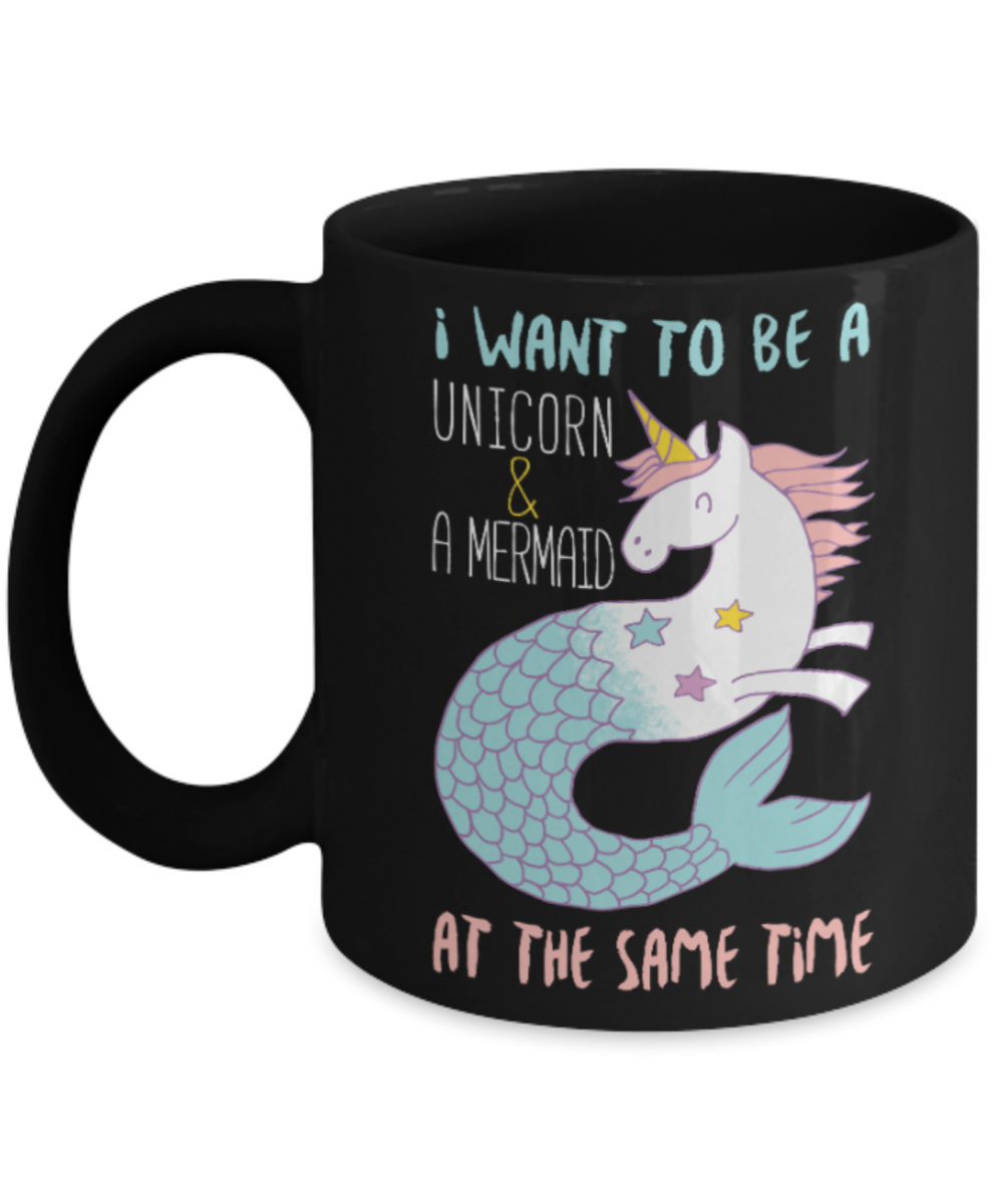 Unicorn and Mermaid - Black Coffee Mug Porcelain Tea Cup 11 oz - Great Gift