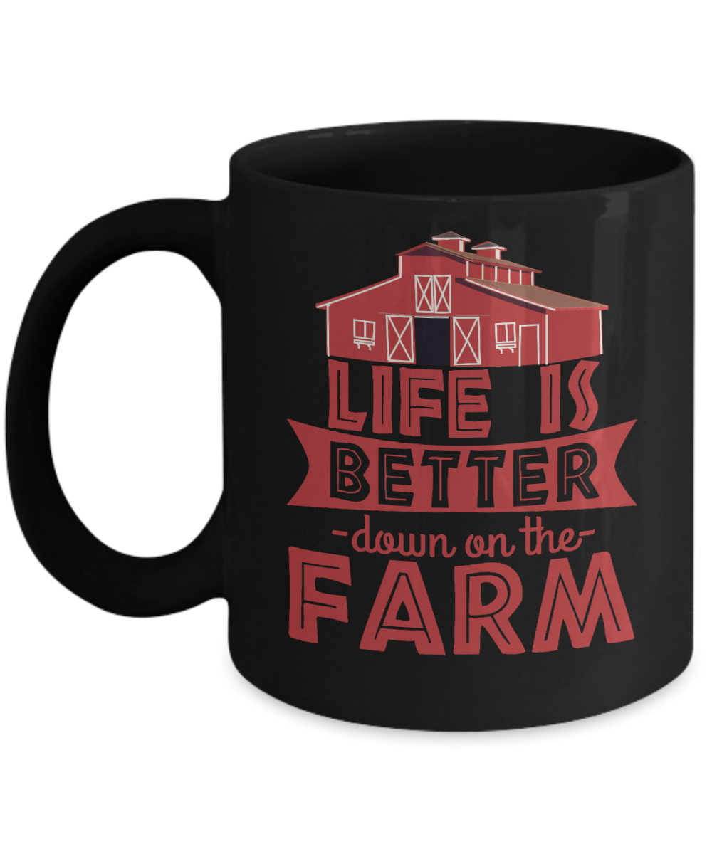 Best Farmer Coffee mug, Life Is Better Down On The Farm-Black Porcelain Coffee Mug 11 oz For Farmer, Dad, Mom