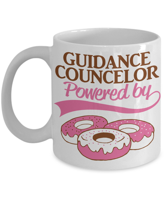School Counselor Gift Idea, Guidance Councelor Powered by donuts -White Porcelain Coffee Mug 11 oz For Guidance Counselor, School Counselor, Therapist, Birthday, Christmas, Gifts