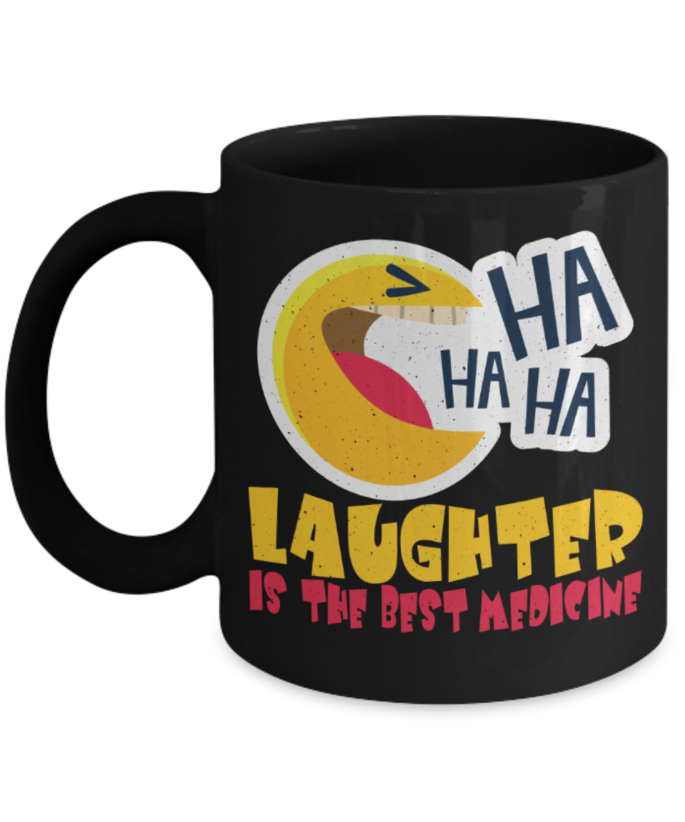 Laughing Lovers Mugs, Laughter is the best medicine - Funny Black Porcelain Coffee 11 oz