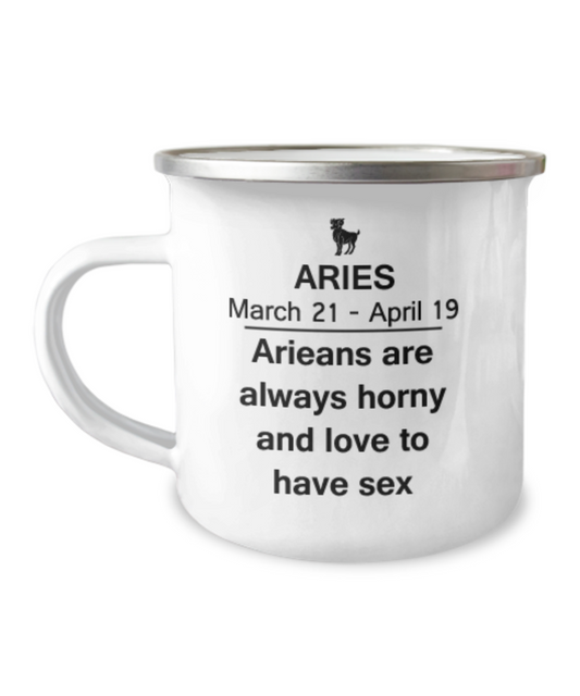 Aries are always Horny and Love to have sex - Aquarius Coffee Mug -Zodiac-12 Oz Stainless Steel Enamel Finish White Camper Coffee Mug