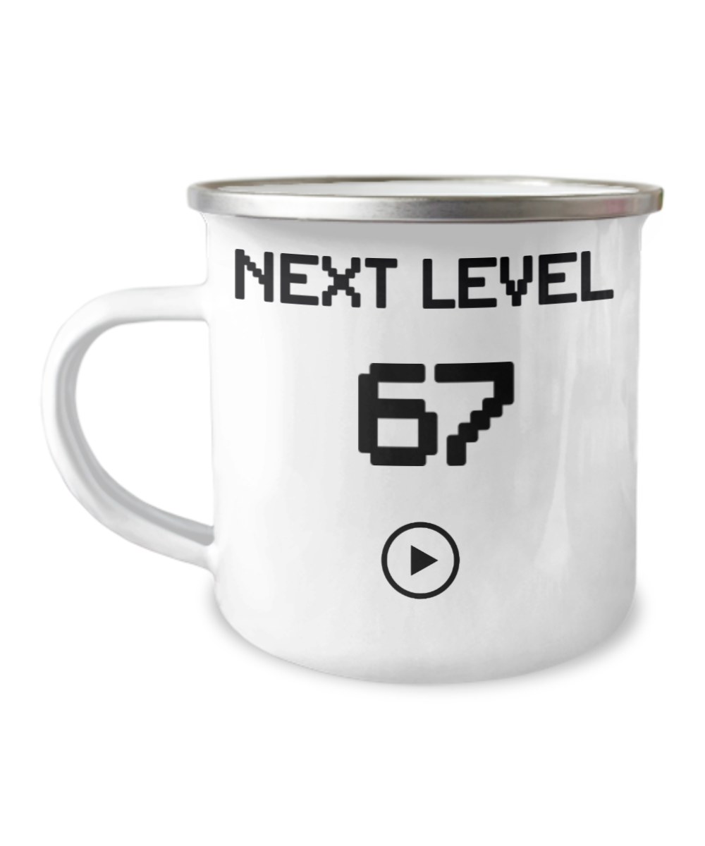 67th Birthday Coffee Mug, Next Level 67, Gamer Coffee Mug, Birthday Mug- 12 Oz Stainless Steel Enamel Finish White Camper Coffee Mug