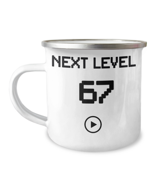 67th Birthday Coffee Mug, Next Level 67, Gamer Coffee Mug, Birthday Mug- 12 Oz Stainless Steel Enamel Finish White Camper Coffee Mug