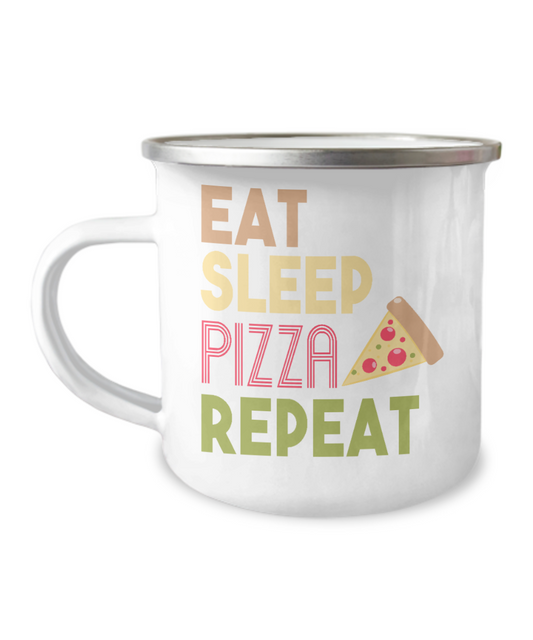 Pizza Lover Coffee Mug, Eat Sleep Pizza Repeat- 12 Oz Stainless Steel Enamel Finish White Camper Coffee Mug