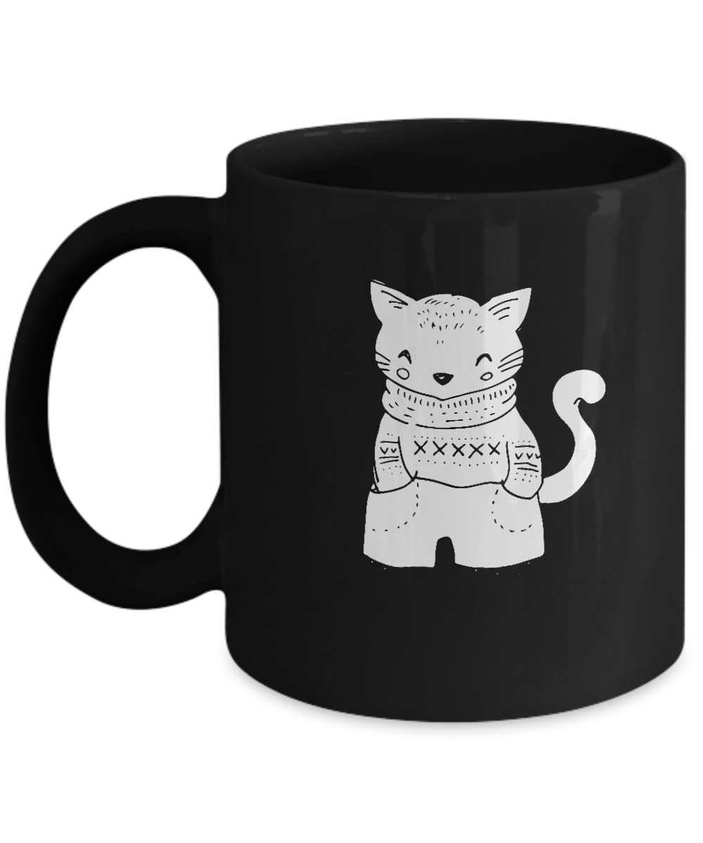 Christmas Doodles Sweater Cat coffee Mugs - Funny Christmas Black coffee mugs 11 oz