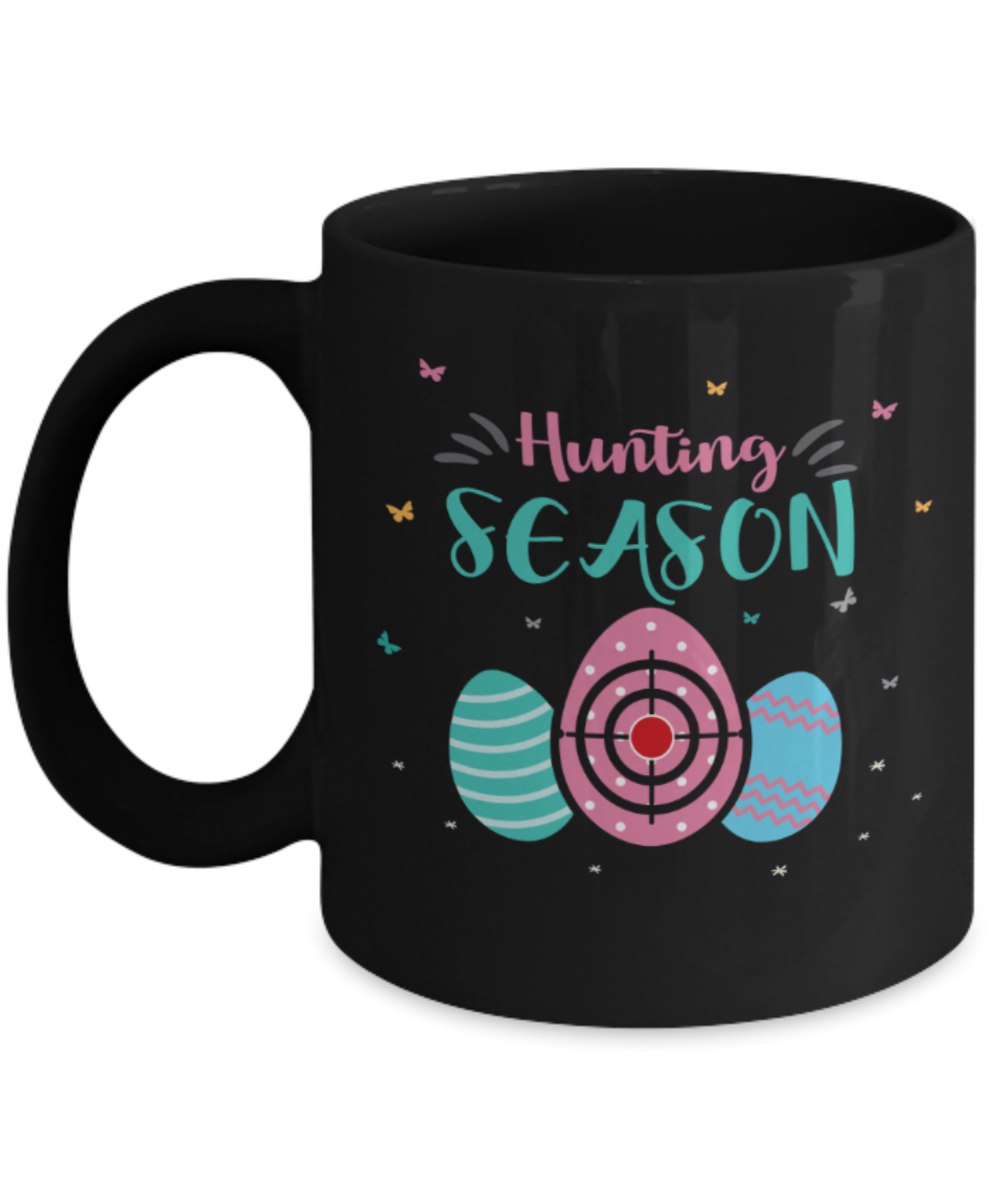 Personal creations gifts easter mugs - Egg hunting season - Black Porcelain Coffee Mug Cute Ceramic Cup 11 oz