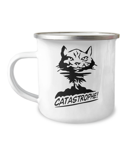 Camper Coffee Mug For cat lovers , Catastrophe -12 Oz Stainless Steel Enamel Finish White Camper Coffee Mug