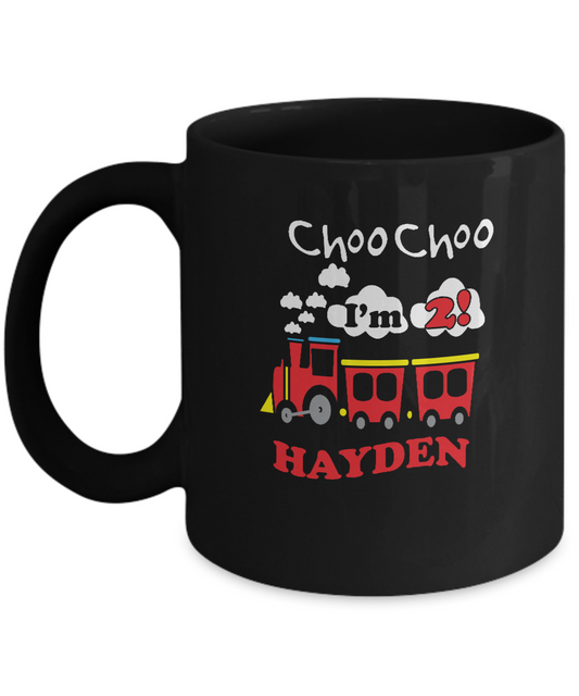 Choo Choo I'm 2 Hayden Kids special black coffee mugs birthday gifts - Black coffee tea mugs - 11 OZ Black coffee mugs and tea cups Gift Ideas