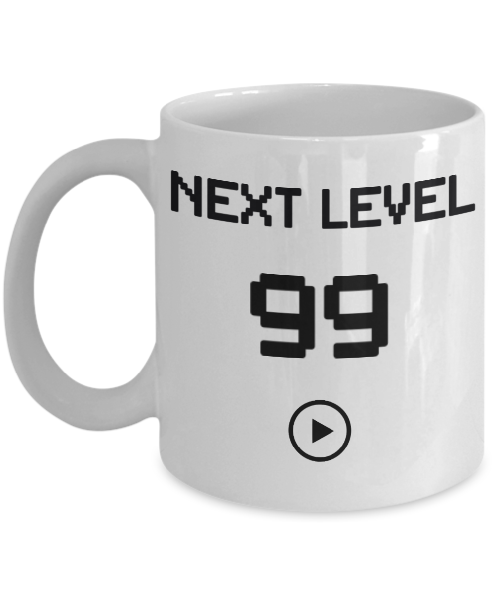 99th Birthday Coffee Mug, Next Level 99, Gamer Coffee Mug, Birthday Mug- White Porcelain Coffee Mug 11 Oz Birthday Coffee Mug
