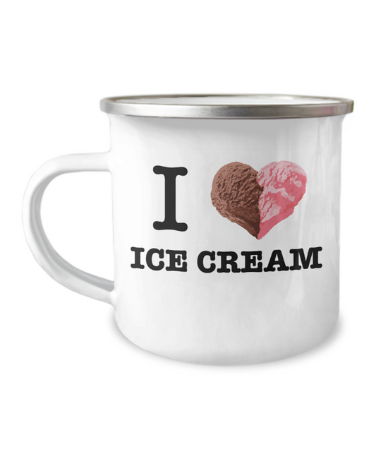 Beer Food Lovers mugs , I Love Ice Cream -12 Oz Stainless Steel Enamel Finish White Camper Coffee Mug